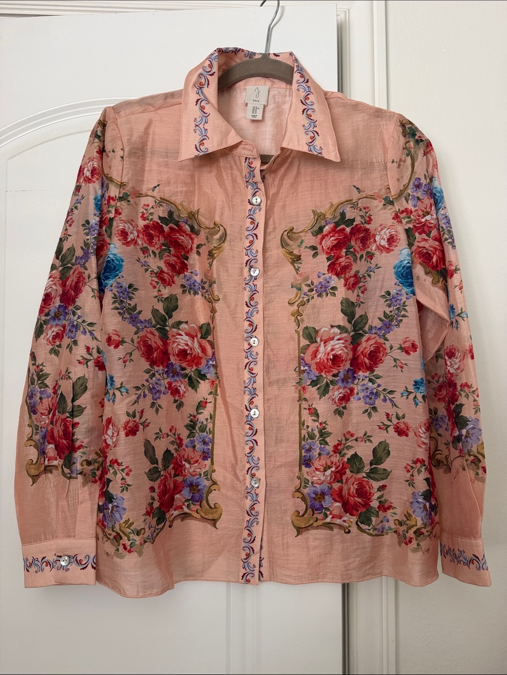 Joie Pink Floral Button-Down Shirt with Multicolor Bloom Print
